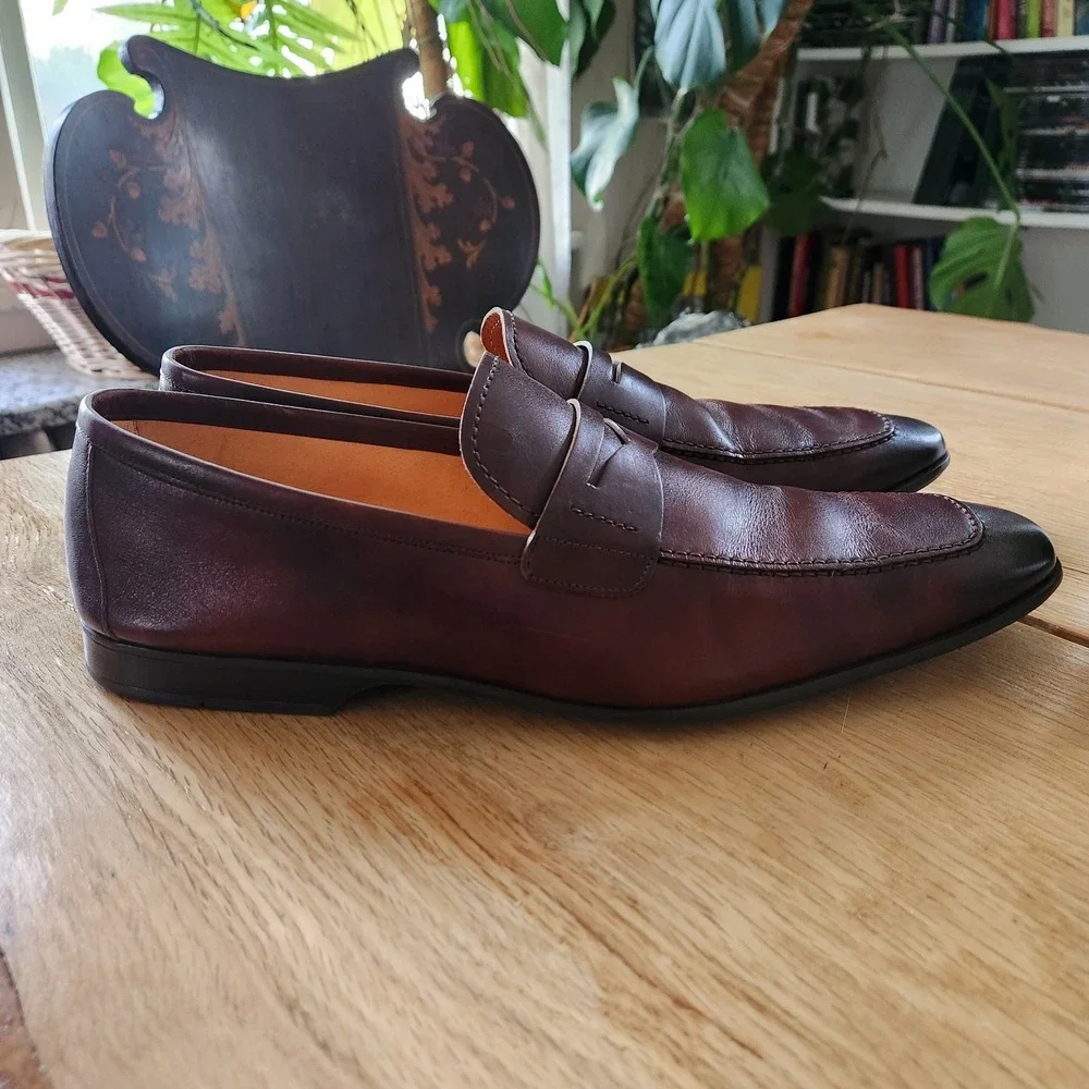 Magnanni Penny Loafers Mens 13 M Brown Burnished Squared‎ Toes Dress Shoes